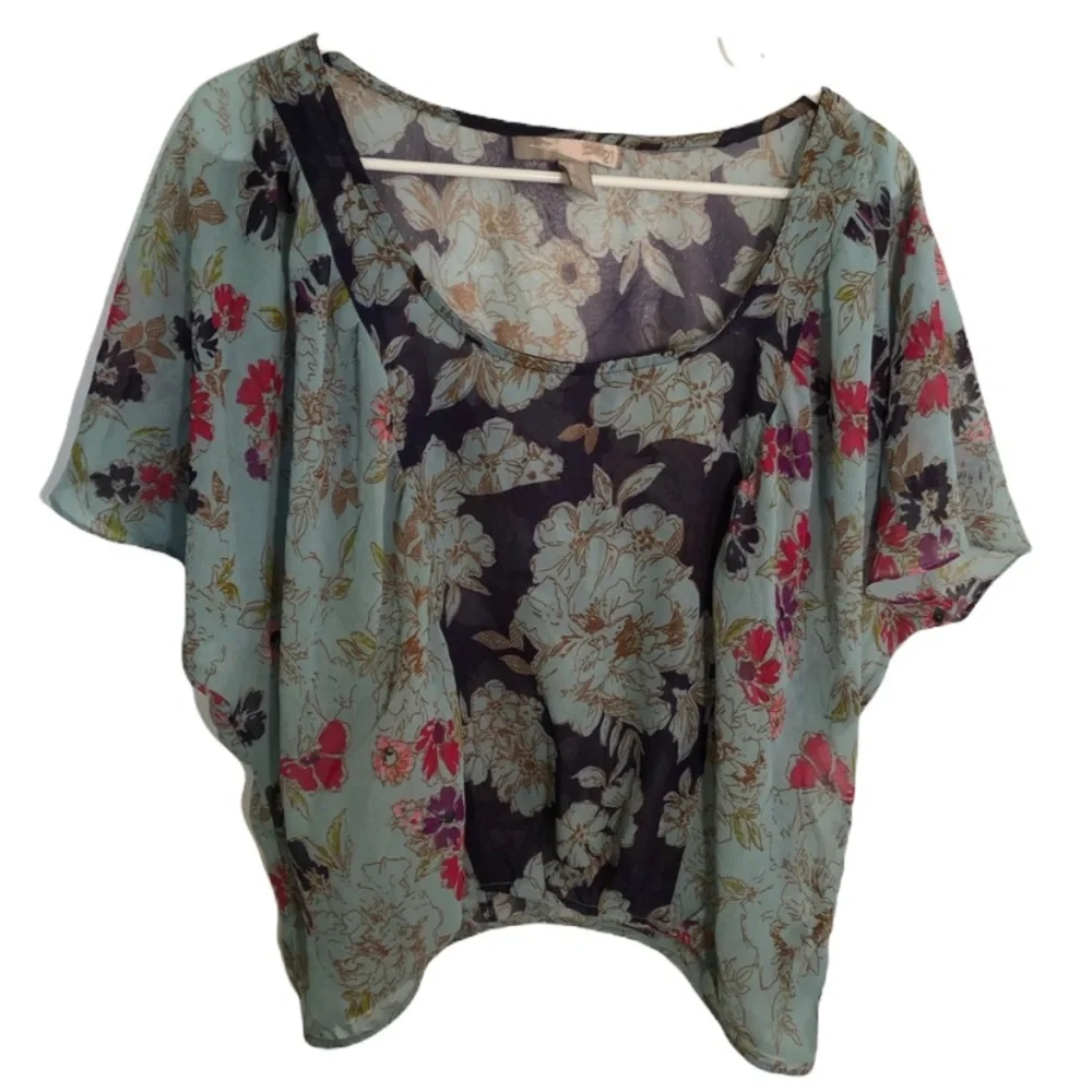 Love 21 Sheer Blouse Teal Navy Floral